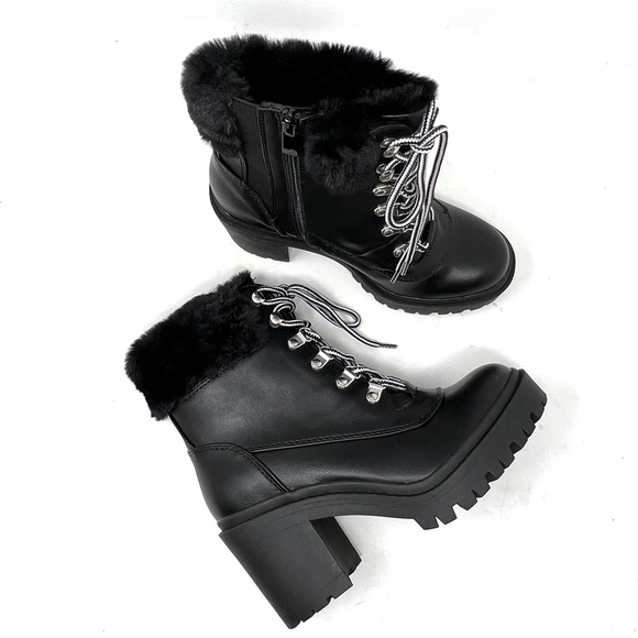 Torrid Black Faux Fur Lug Rider Combat Platform Chunky Moto Ankle Bootie Boots - Picture 1 of 9